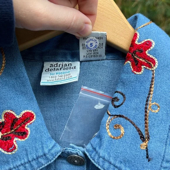 90s Adrian Delafield Embroidered Denim Button-Up Shirt Blouse Leaves Fall Fairy - Picture 13 of 14
